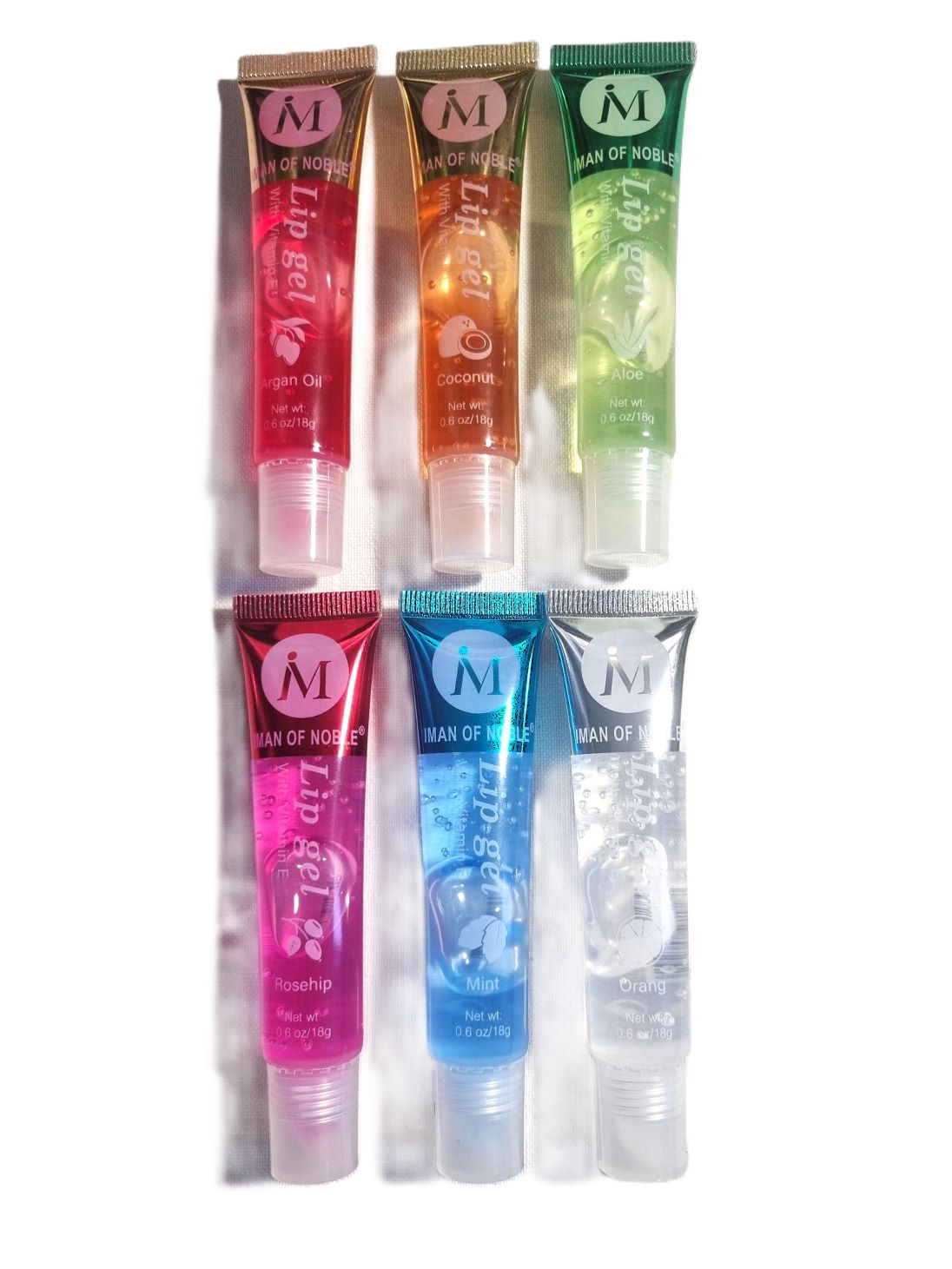 Gloss parfumé hydratant en tube transparent aux saveurs aloe vera, coco, menthe, orange, rose musquée et argan