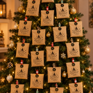 Calendrier de l'Avent 2026 MysteriaScoop avec 24 sachets surprises accrochés à un sapin de Noël